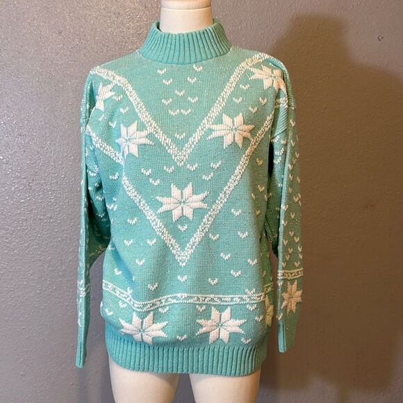 Vintage sweater exchange teal snowflake knit glitter sweater. No size tag - Picture 1 of 9